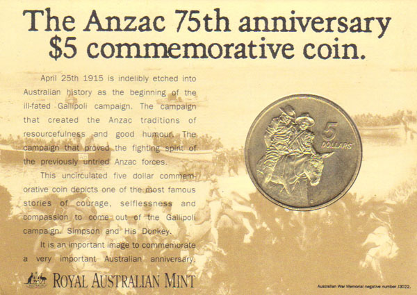 1990 Australia $5 (75th ANZAC Anniv. in card ) K000049